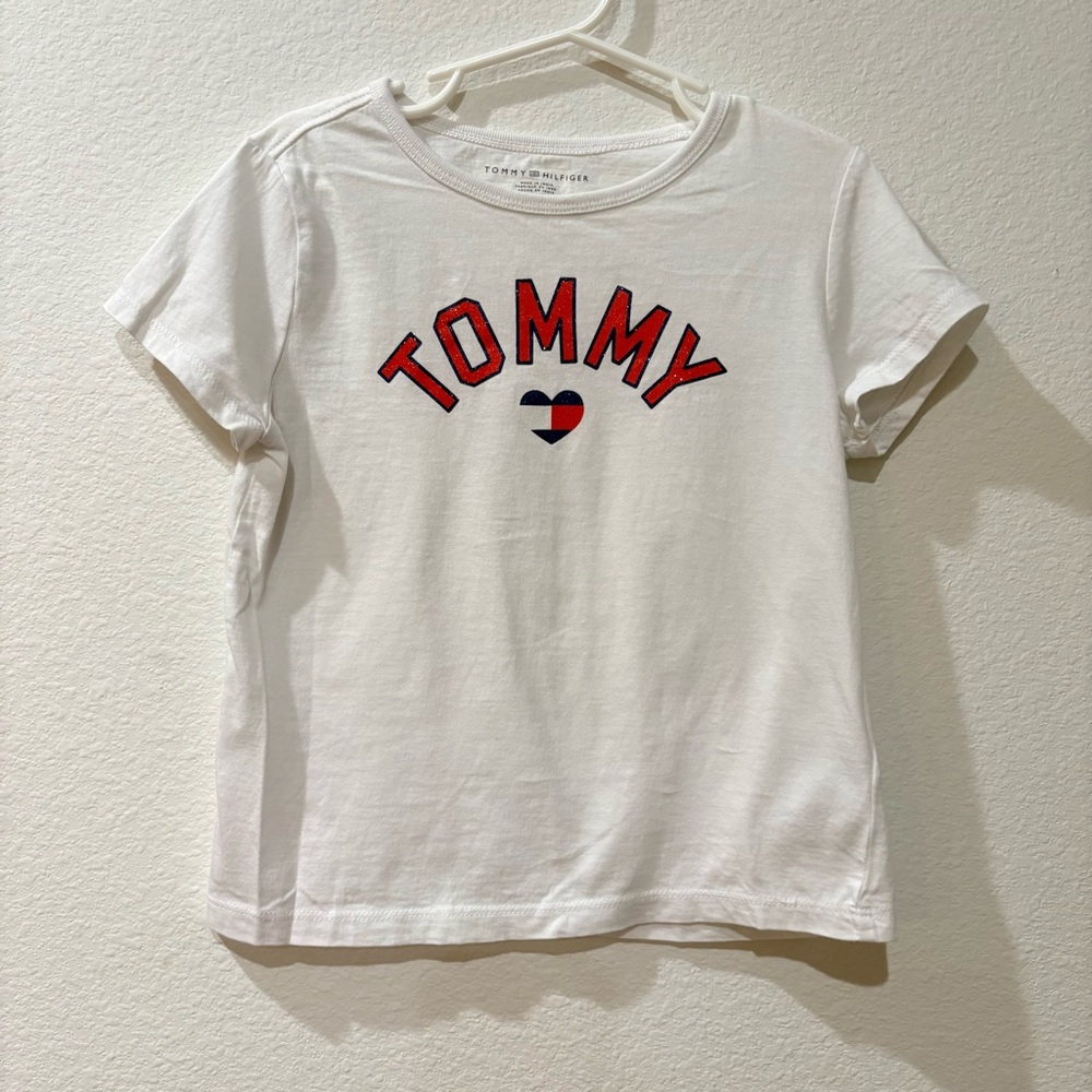 Tommy Hilfiger Girls Glitter Logo Graphic T-Shirt - Size S (6-7) - White